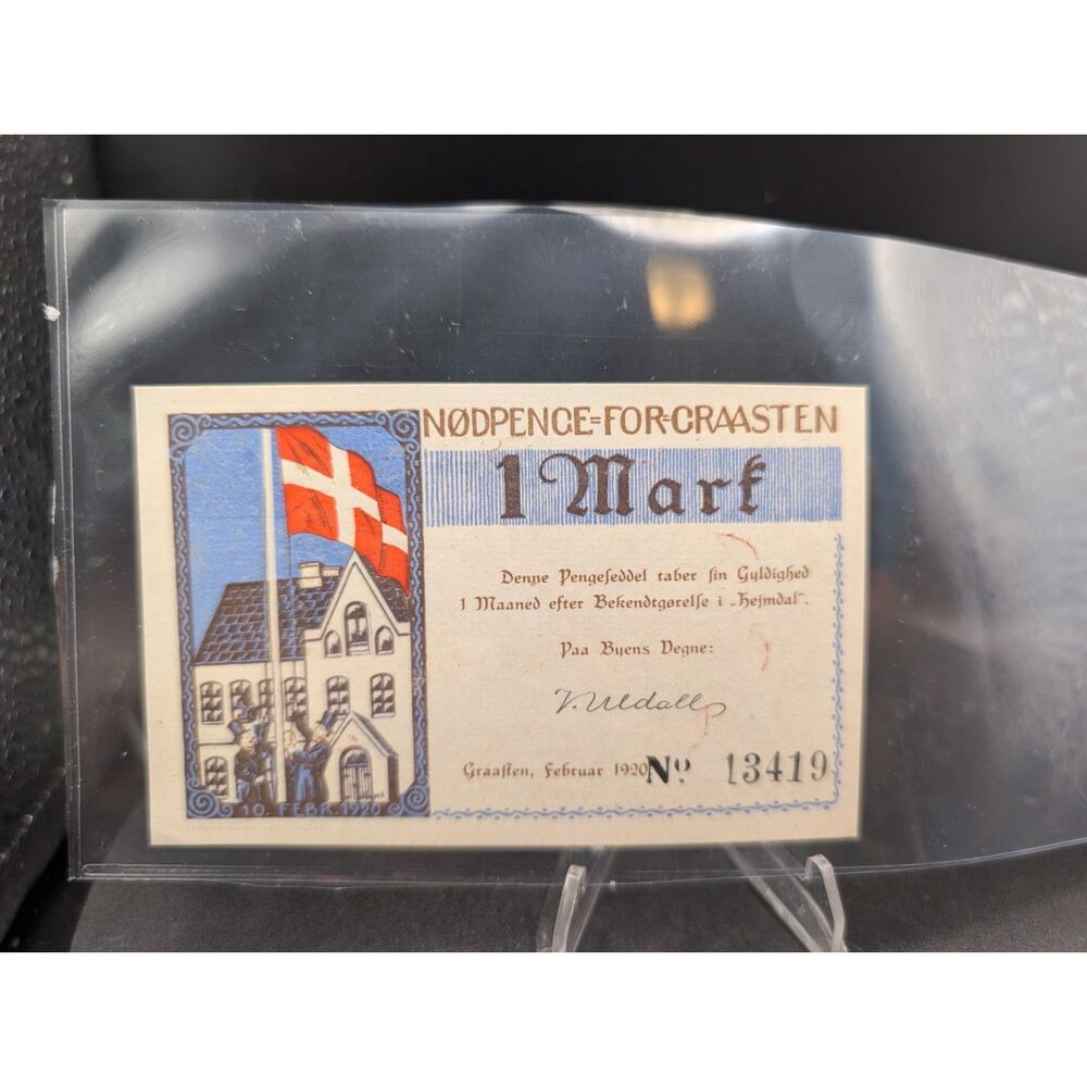 1920 Denmark Schleswig Plebiscite 1 Mark Notgeld Emergency Money Graasten Flag